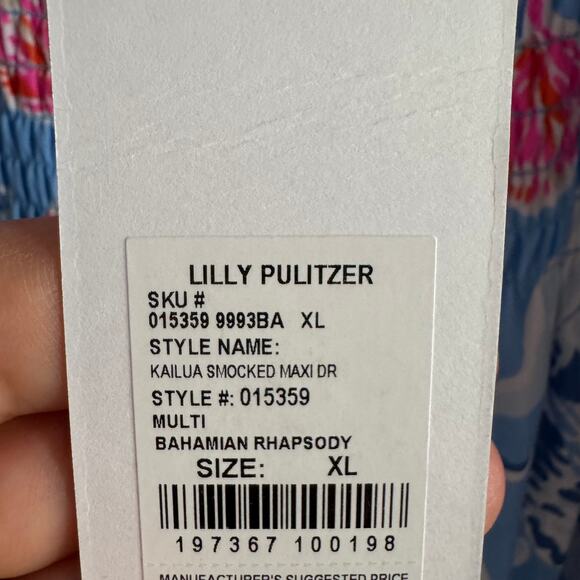 New Lilly Pulitzer Kailua Smocked Maxi Dress Blue Floral Smocked Tie Strap Sz XL - Picture 10 of 11
